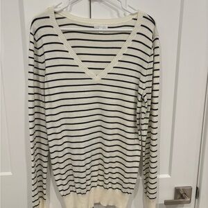Ivory and Black Striped V-Neck Sweater